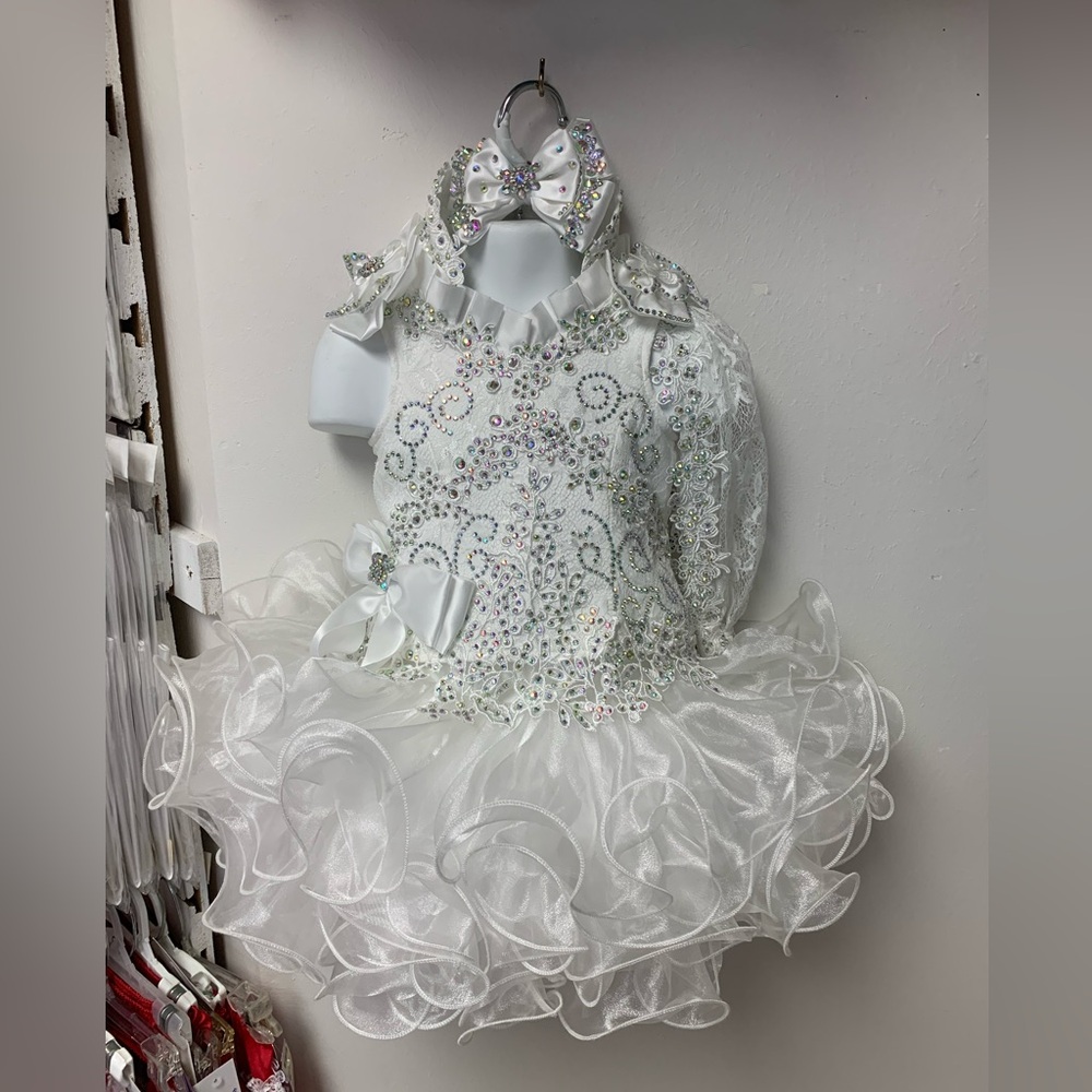 18/24 Month White 2 Pc Beaded Corset Convertible Cupcake Pageant Dress & Bow NWT